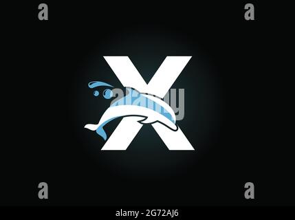 Anfängliches X-Monogramm-Alphabet mit Dolphin-Logo. Symbol für Wassertiere. Schrift-Emblem. Moderner Vektor-Logotyp für die geschäftliche Identität. Stock Vektor