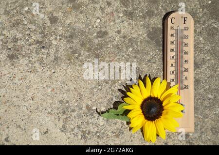 Thermometer auf Betongrund mit hoher Temperatur Stockfoto