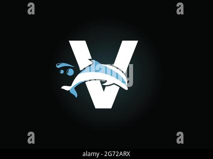 Anfangsbuchstabenalphabet mit V-Monogramm und Dolphin-Logo. Symbol für Wassertiere. Schrift-Emblem. Moderner Vektor-Logotyp für die geschäftliche Identität. Stock Vektor
