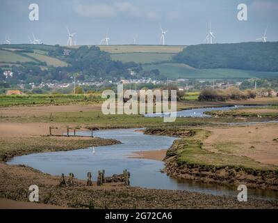 Blick über Horsey Island, Braunton Marsh, Devon, Großbritannien bei Ebbe, Foto aufgenommen vom South West Coastal Path. Stockfoto