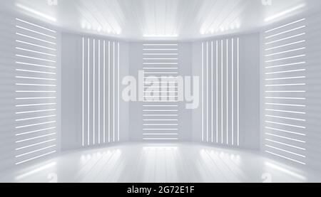 Neon-LED-Lichter Linien Raum abstrakten Hintergrund. Weiße Podium Dekoration leere Bühne. Leuchtende Wandpaneele im Innenraum. 3d-Illustration. Stockfoto