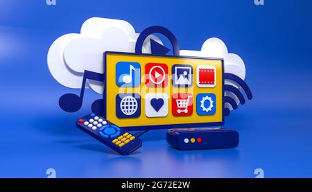 3d Concept Smart TV. TV-Box, LED-Menü-Bildschirm , Fernbedienung, überträgt Informationen über die Cloud. 3d-Illustration Stockfoto