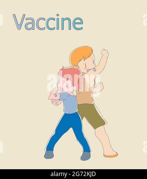 Menschen, die ihre Hände zeigen, nachdem sie gegen COVID-19 geimpft wurden. Zwei Männer, die geimpft wurden. Doodle-Vektor-Illustration. Stock Vektor
