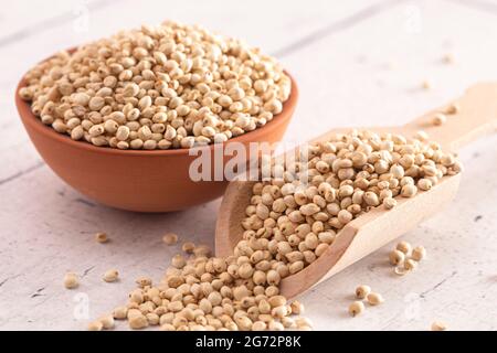 Eine Schale aus gesprossenen Sorghum auf einem hellen weißen Tisch Stockfoto