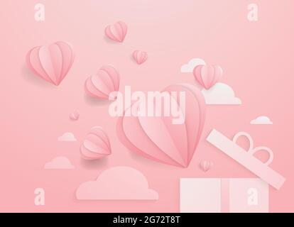 Valentines Hearts mit Geschenkkarton. Papier fliegende Elemente auf rosa Hintergrund. Vektor-Symbole der Liebe in Form von Herz für glückliche Frauen s, Mutter Stock Vektor