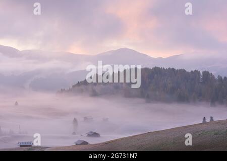 Mystische neblige Sonnenaufgangslandschaft der berühmten Almwiese in den Dolomiten Alpen auf bewölktem Hintergrund Stockfoto