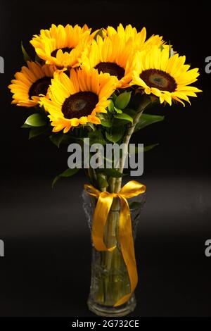 Blumenstrauß aus hellen Sonnenblumen auf schwarzem Hintergrund Stockfoto