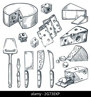 Käsemesser und Käsesortiment auf weißem Hintergrund isoliert. Vektor handgezeichnete Skizze Lebensmittel Illustration. Köstliches Gourmet-Bauernhof-Produkt. Stock Vektor