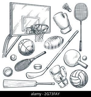 Sportgeräte-Set. Vektorgrafik handgezeichnete Skizze Illustration von Basketball, Tennis, Badminton, Boxen, Hockey, Volleyball, Cricket-Spiele. Kugeln, Schläger Stock Vektor