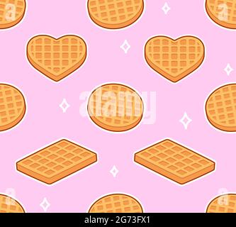 Nahtloses Waffelmuster. Runde, quadratische und herzförmige Waffeln auf rosa Hintergrund. Cute Cartoon Illustration, Vektor-Hintergrund. Stock Vektor