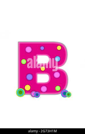 Der Buchstabe B im Alphabetsatz Dots ist pink und hat einen helleren rosa Umriss. Der Buchstabe weist farbige Punkte auf, die über die Oberfläche verstreut sind. Mehrfarbiger Kreis Stockfoto