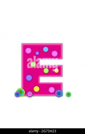 Der Buchstabe E im Alphabetsatz Dots ist in Pink mit hellerer rosa Umrandung. Der Buchstabe weist farbige Punkte auf, die über die Oberfläche verstreut sind. Mehrfarbiger Kreis Stockfoto