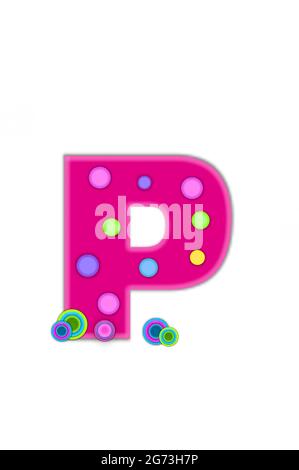 Der Buchstabe P im Alphabet-Set Dots ist in Pink mit hellerer rosa Umrandung. Der Buchstabe weist farbige Punkte auf, die über die Oberfläche verstreut sind. Mehrfarbiger Kreis Stockfoto