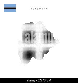 Karte mit quadratischen Punkten von Botswana. Botswana gepunktete Pixelkarte mit Nationalflagge isoliert auf weißem Hintergrund. Vektorgrafik. Stock Vektor