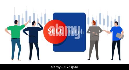 Verkaufen von Aktien Red Button Markt Transaktion Trader Analyst Investor Blick in Candlestick Chart Vorhersage nehmen Gewinn reduzieren Verlust Stock Vektor