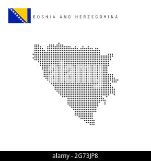 Karte mit quadratischen Punkten von Bosnien und Herzegowina. Bosnische gepunktete Pixelkarte mit isolierter Nationalflagge auf weißem Hintergrund. Vektorgrafik. Stock Vektor