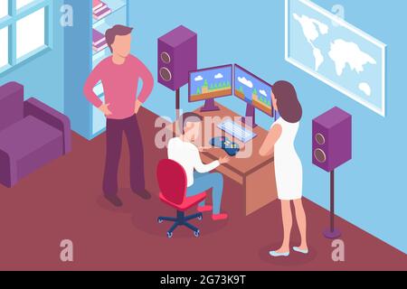 Eltern im Gespräch mit Teenager-Gamer süchtig nach Computerspielen 3d isometrische Vektor-Illustration Stock Vektor