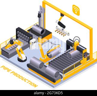 Isometrische Zusammensetzung der Metallindustrie mit Geräten für die Rohrproduktion 3d-Vektordarstellung Stock Vektor