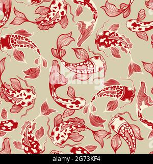 Japanischer Koi Fisch Vektor Nahtloses Muster in neutralen Farben Stock Vektor