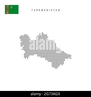 Karte mit quadratischen Punkten von Turkmenistan. Turkmenisch gepunktete Pixelkarte mit isolierter Nationalflagge auf weißem Hintergrund. Vektorgrafik. Stock Vektor