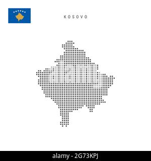 Quadratische Punkte Musterkarte des Kosovo. Kosovarische gepunktete Pixelkarte mit isolierter Nationalflagge auf weißem Hintergrund. Vektorgrafik. Stock Vektor