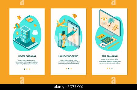 Online-Buchung isolierte vertikale Banner mit Reise-Planung Urlaub und Hotel Buchung isometrische Konzepte Vektor-Illustration Stock Vektor