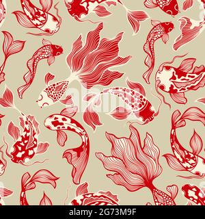 Japanischer Koi Fisch Vektor Nahtloses Muster in neutralen Farben Stock Vektor