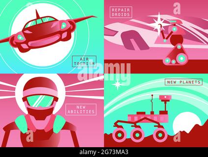 Zukunftstechnologien 2x2 Design Konzept Satz von Lufttourismus Reparatur Droiden Planeten Rover flache Kompositionen Vektor Illustration Stock Vektor