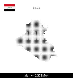 Karte mit quadratischen Punkten und Muster des Irak. Irakische gepunktete Pixelkarte mit isolierter Nationalflagge auf weißem Hintergrund. Vektorgrafik. Stock Vektor