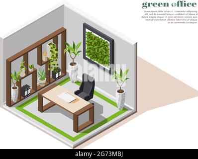 Green Office isometrische farbige Zusammensetzung isoliert Raum mit grünen Pflanzen Ökologie Ausrüstung Vektor Illustration Stock Vektor