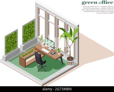 Grüne Büro farbige und isometrische Zusammensetzung mit großen Fenstern in Zimmerpflanzen und Arbeitsplatz Vektor-Illustration Stock Vektor
