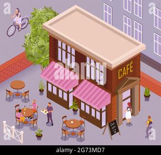 Fragment der Stadtlandschaft mit Café-Gebäude und Outdoor-Tische isometrische Hintergrund Vektor-Illustration Stock Vektor