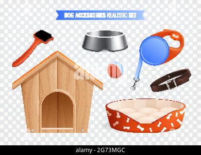 Hund Zubehör farbige Satz von Stand Geschirr Leine Pflege Werkzeuge Halsband Ball isoliert auf transparentem Hintergrund realistische Vektor-Illustration Stock Vektor
