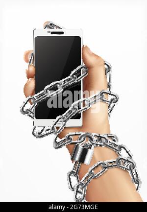 Smartphone sucht realistische Design-Konzept mit menschlichen Hand in Kette und halten Gadget Vektor-Illustration eingewickelt Stock Vektor