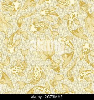Japanischer Koi Fisch Vektor Nahtloses Muster in Golden Beige Farben Stock Vektor