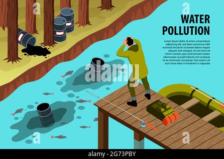 Isometrische Umweltverschmutzung horizontaler Hintergrund mit bearbeitbarem Text und gut sortierten Fluss durch Abfalleimer verschmutzt Vektordarstellung Stock Vektor