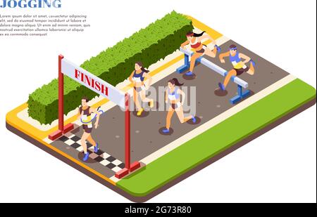 Sprint Hürdenlauf Läufer springen über Hindernisse überqueren Ziellinie isometrische Zusammensetzung Sport Jogging Förderung Vektor Illustration Stock Vektor