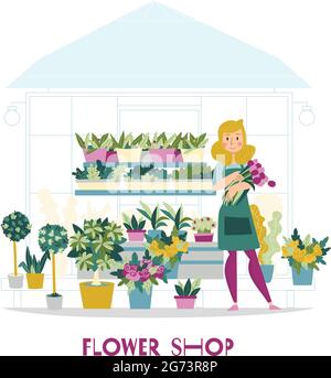 Floristen Verkäufer Blumen Shop Komposition mit Blick auf Kiosk mit Blumen auf Regalen und weibliche Charakter Vektor-Illustration Stock Vektor