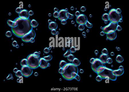 Seife Regenbogen Blasen realistische auf schwarzem Hintergrund isoliert Vektor-Illustration gesetzt Stock Vektor