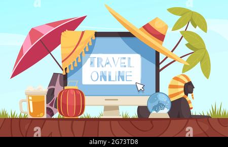 Online-Zusammenstellung der Reisebuchung mit der Online-Überschrift der Reise und dem großen Monitor in der Mitte – Vektordarstellung der Komposition Stock Vektor