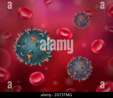 Viren realistische Zusammensetzung mit bunten Bildern von Virusbakterien und Blutzellen, die in roten Flüssigkeitsvektoren schwimmen Stock Vektor