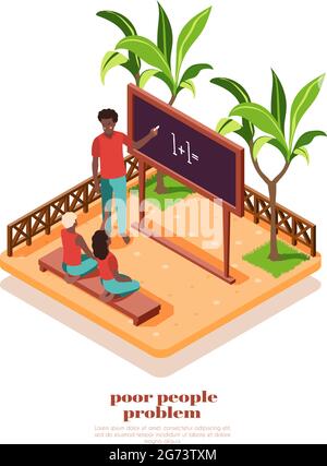 Arme afrikaner studieren in kleinen Klassen im Freien isometrische Zusammensetzung 3d-Vektor-Illustration Stock Vektor