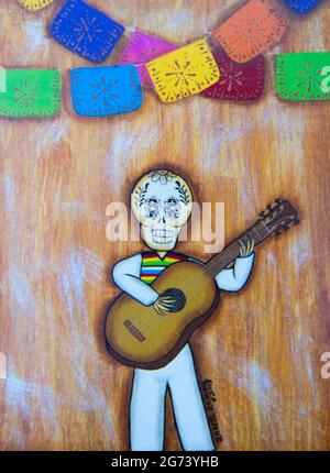 Day of the Dead Bild; fotografische Illustration; Skelett spielt akustische Gitarre. Stockfoto