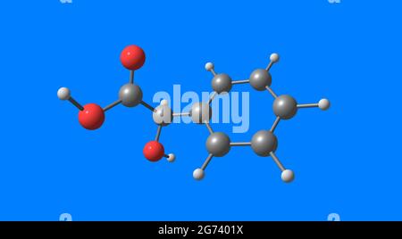 Mandelsäure ist eine aromatische Alpha-Hydroxy-Säure. Es ist ein weißer kristalliner Feststoff, der in Wasser und polaren organischen Lösungsmitteln löslich ist. 3d-Illustration Stockfoto