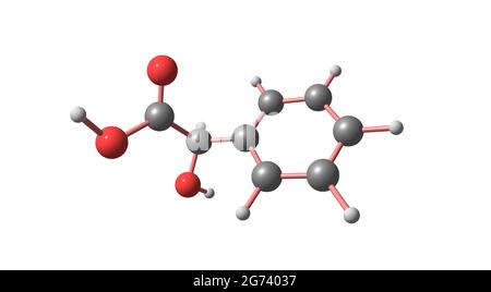 Mandelsäure ist eine aromatische Alpha-Hydroxy-Säure. Es ist ein weißer kristalliner Feststoff, der in Wasser und polaren organischen Lösungsmitteln löslich ist. 3d-Illustration Stockfoto