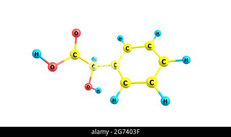 Mandelsäure ist eine aromatische Alpha-Hydroxy-Säure. Es ist ein weißer kristalliner Feststoff, der in Wasser und polaren organischen Lösungsmitteln löslich ist. 3d-Illustration Stockfoto