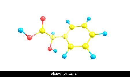 Mandelsäure ist eine aromatische Alpha-Hydroxy-Säure. Es ist ein weißer kristalliner Feststoff, der in Wasser und polaren organischen Lösungsmitteln löslich ist. 3d-Illustration Stockfoto