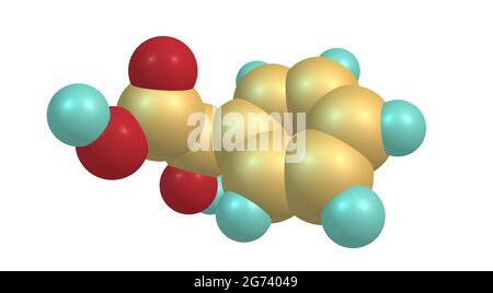 Mandelsäure ist eine aromatische Alpha-Hydroxy-Säure. Es ist ein weißer kristalliner Feststoff, der in Wasser und polaren organischen Lösungsmitteln löslich ist. 3d-Illustration Stockfoto