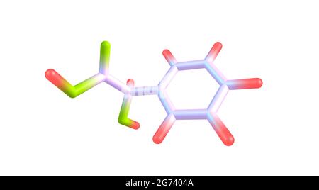 Mandelsäure ist eine aromatische Alpha-Hydroxy-Säure. Es ist ein weißer kristalliner Feststoff, der in Wasser und polaren organischen Lösungsmitteln löslich ist. 3d-Illustration Stockfoto