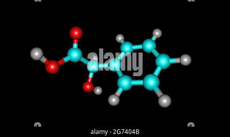 Mandelsäure ist eine aromatische Alpha-Hydroxy-Säure. Es ist ein weißer kristalliner Feststoff, der in Wasser und polaren organischen Lösungsmitteln löslich ist. 3d-Illustration Stockfoto